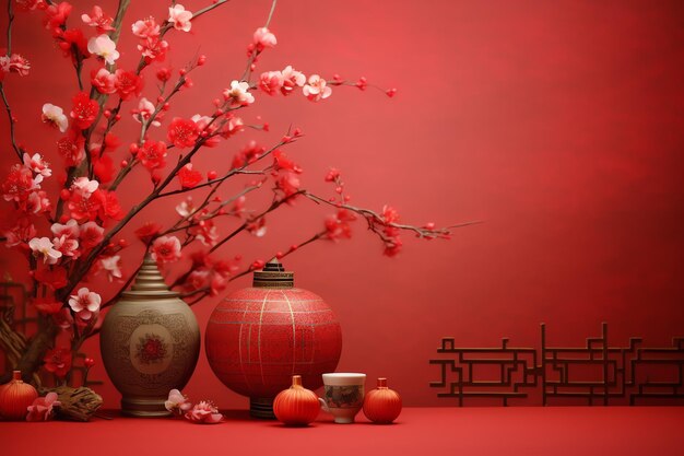 Chinesischer Neujahrshintergrund mit traditionellen Laternen, Sakura-Blumen und Kopierraum. Mondneujahr