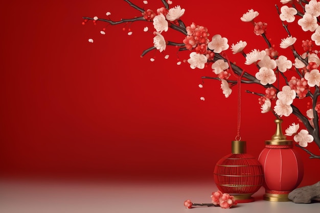 Chinesischer Neujahrshintergrund mit traditionellen Laternen, Sakura-Blumen und Kopierraum. Mondneujahr