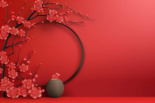 Chinesischer Neujahrshintergrund mit traditionellen Laternen, Sakura-Blumen und Kopierraum. Mondneujahr