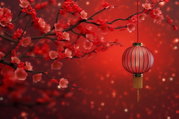 Chinesischer Neujahrshintergrund mit traditionellen Laternen, Sakura-Blumen und Kopierraum. Mondneujahr