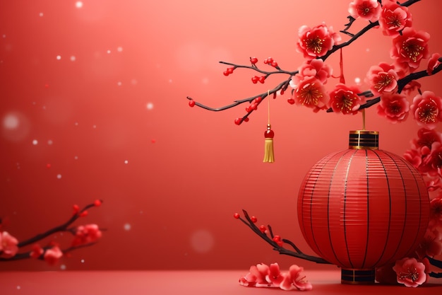 Chinesischer Neujahrshintergrund mit traditionellen Laternen, Sakura-Blumen und Kopierraum. Mondneujahr