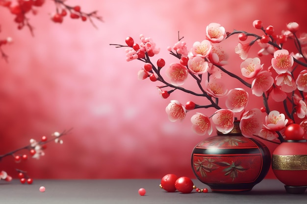 Chinesischer Neujahrshintergrund mit traditionellen Laternen, Sakura-Blumen und Kopierraum. Mondneujahr