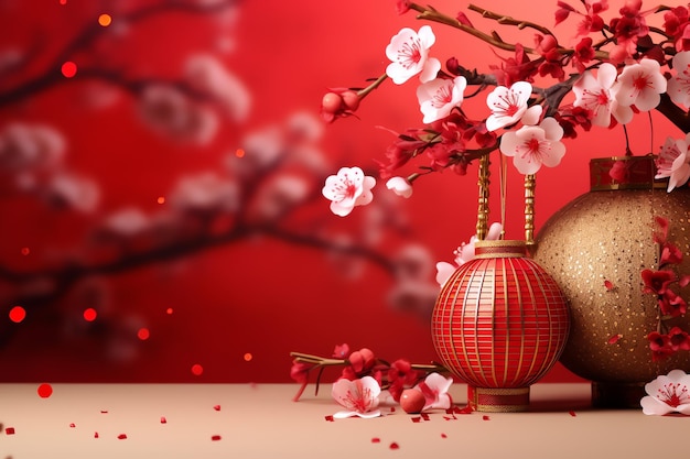 Chinesischer Neujahrshintergrund mit traditionellen Laternen, Sakura-Blumen und Kopierraum. Mondneujahr