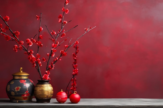 Chinesischer Neujahrshintergrund mit traditionellen Laternen, Sakura-Blumen und Kopierraum. Mondneujahr