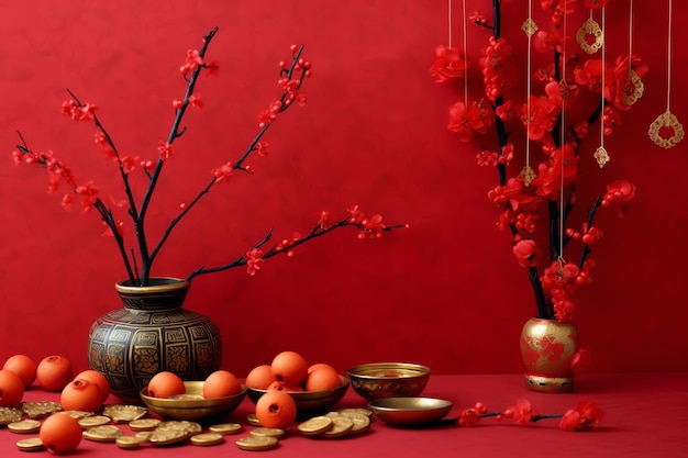 Chinesischer Neujahrshintergrund mit traditionellen Laternen, Sakura-Blumen und Kopierraum. Mondneujahr