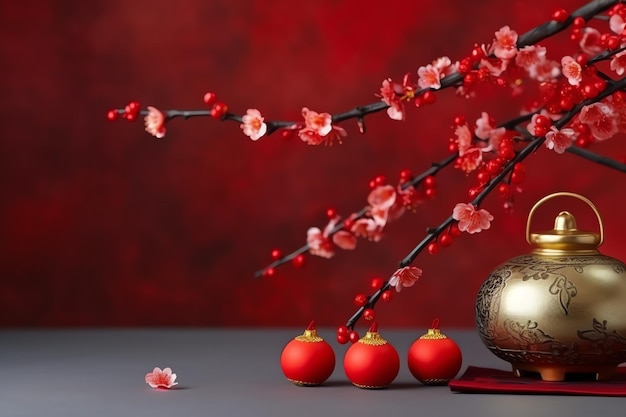 Chinesischer Neujahrshintergrund mit traditionellen Laternen, Sakura-Blumen und Kopierraum. Mondneujahr