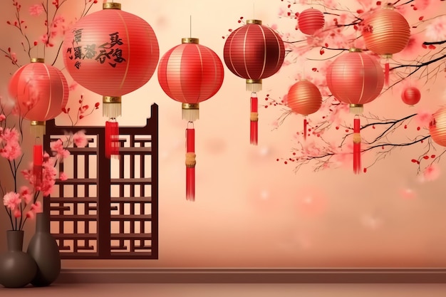 Chinesischer Neujahrshintergrund mit traditionellen Laternen, Sakura-Blumen und Kopierraum. Mondneujahr