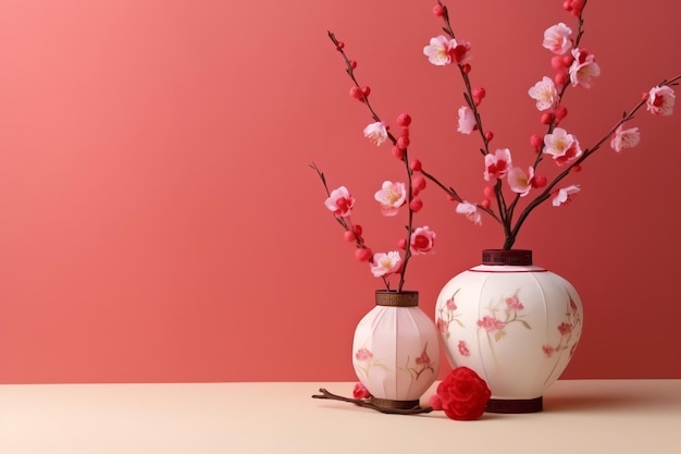 Chinesischer Neujahrshintergrund mit traditionellen Laternen, Sakura-Blumen und Kopierraum. Mondneujahr