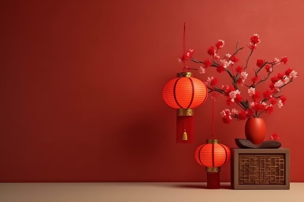 Chinesischer Neujahrshintergrund mit traditionellen Laternen, Sakura-Blumen und Kopierraum. Mondneujahr