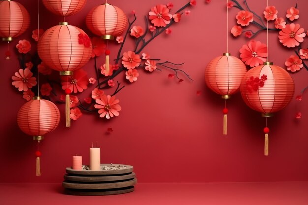 Chinesischer Neujahrshintergrund mit traditionellen Laternen, Sakura-Blumen und Kopierraum. Mondneujahr