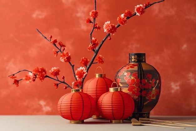 Chinesischer Neujahrshintergrund mit traditionellen Laternen, Sakura-Blumen und Kopierraum. Mondneujahr