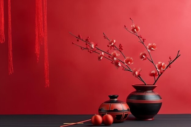 Chinesischer Neujahrshintergrund mit traditionellen Laternen, Sakura-Blumen und Kopierraum. Mondneujahr