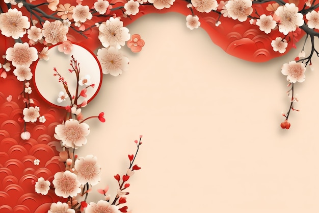 Chinesischer Neujahrshintergrund mit traditionellen Laternen, Sakura-Blumen und Kopierraum. Mondneujahr