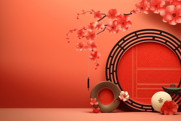 Chinesischer Neujahrshintergrund mit traditionellen Laternen, Sakura-Blumen und Kopierraum. Mondneujahr