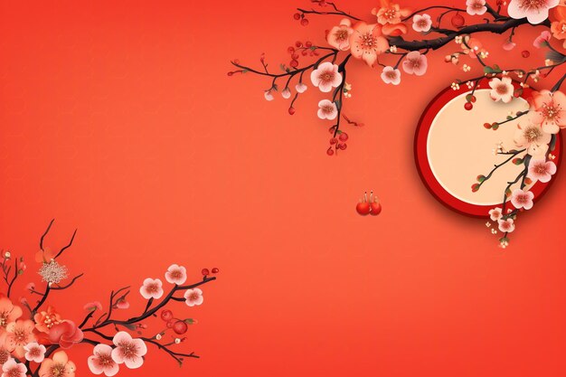 Chinesischer Neujahrshintergrund mit traditionellen Laternen, Sakura-Blumen und Kopierraum. Mondneujahr