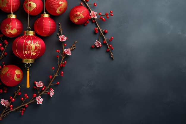 Chinesischer Neujahrshintergrund mit traditionellen Laternen, Sakura-Blumen und Kopierraum. Mondneujahr