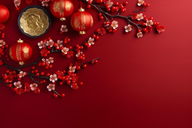 Chinesischer Neujahrshintergrund mit traditionellen Laternen, Sakura-Blumen und Kopierraum. Mondneujahr