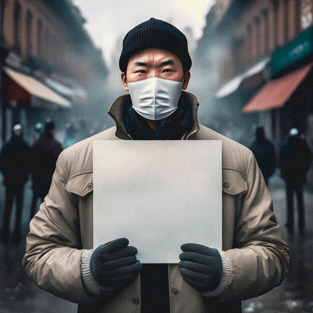 Chinesischer Protest chinesischer Student, der eine Maske trägt, die gegen die körnige Textur der weißen Karte protestiert