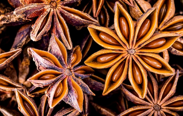 Chinesischer Sternanis Nahaufnahme Hintergrund. Getrocknete Sternanis-Gewürzfrüchte Draufsicht.