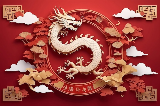 Chinesisches Banner Glückliches Neujahr 2024 Poster Traditionelle Drachen-Silhouette-Ikonen 3D-Papier