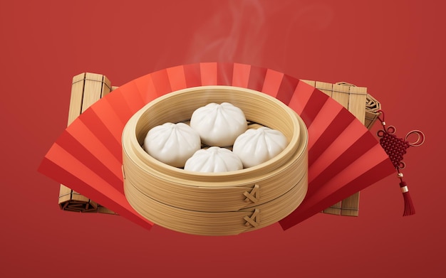 Foto chinesisches essen baozi im speise-dampfer 3d-rendering