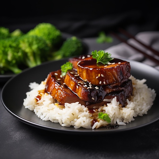 chinesisches Essen mit Reis, Rindfleisch, Gemüse und Soße