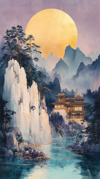 Chinesisches Landschaftsgemälde, das große weiße Klippen mit Kiefern auf der linken Seite des Berges darstellt