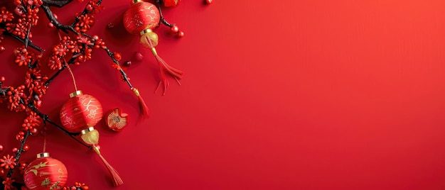 Foto chinesisches lunar-neujahr-hintergrunddesignkonzept mit roter pflaumenblüte und festlicher dekoration