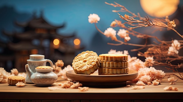 Chinesisches Mondkuchen zum Mittelautumn-Festival auf dem Tisch in einer wunderschönen Landschaft