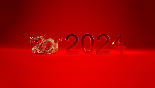 Chinesisches Neujahr 2024 Hintergrundjahr des Drachenkonzepts 2024 isoliert auf rotem Hintergrund.