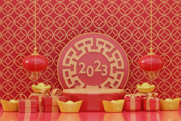 Chinesisches Neujahr ein Mock-up-Podium für Produktpräsentation Hintergrund Geschenk 3D-Rendering