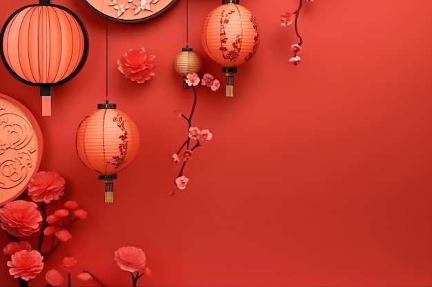 Foto chinesisches neujahr hintergrund mit traditionellen laternen sakura blumen und kopieren raum mondneujahr