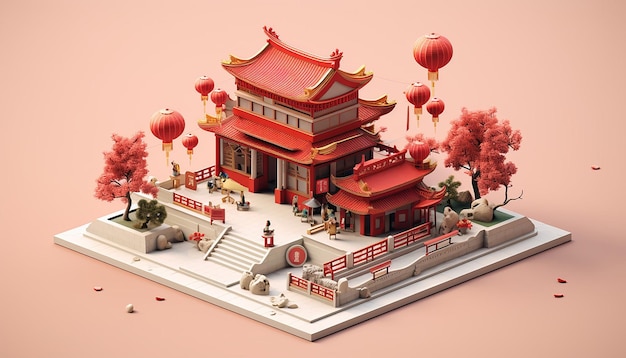 Chinesisches Neujahr minimalistisches isometrisches Diorama, erzeugt durch künstliche Intelligenz