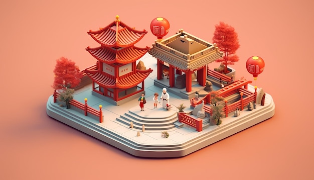 Chinesisches Neujahr minimalistisches isometrisches Diorama, erzeugt durch künstliche Intelligenz