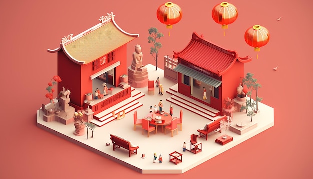 Chinesisches Neujahr minimalistisches isometrisches Diorama, erzeugt durch künstliche Intelligenz