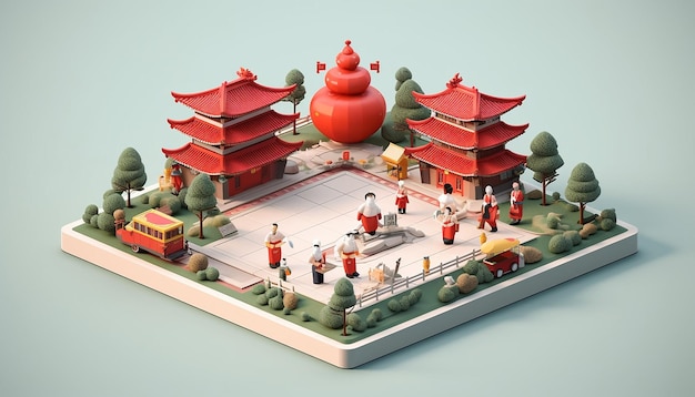 Chinesisches Neujahr minimalistisches isometrisches Diorama, erzeugt durch künstliche Intelligenz