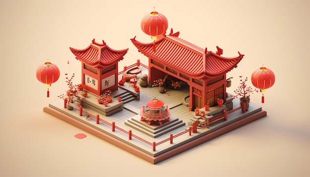 Foto chinesisches neujahr minimalistisches isometrisches diorama, erzeugt durch künstliche intelligenz