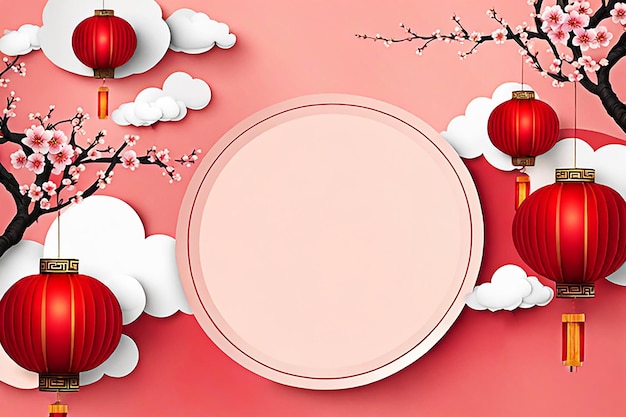 chinesisches Neujahrs-Hintergrundbanner-Design mit chinesischer Papierlanternsprachblüte-Pioni