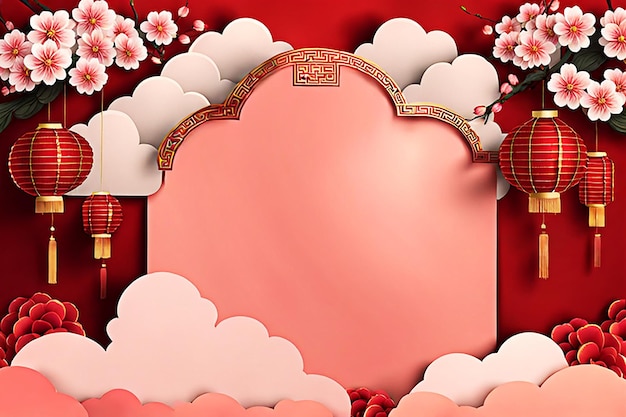 chinesisches Neujahrs-Hintergrundbanner mit chinesischen Papierlaternen, Pfirsichblüten