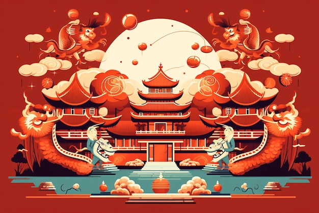 Chinesisches Neujahrsbanner oder Grußkartendesign mit Tempelrot Pagode Wolken Laterne und Drache