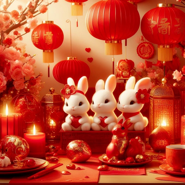 Foto chinesisches neujahrsfeiern mit einem ganzen roten kaninchen