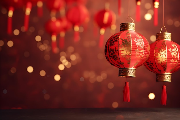 Chinesisches Neujahrsfest Design mit roten Laternen Goldenen Bokeh-Lichtern auf verschwommenem Hintergrund