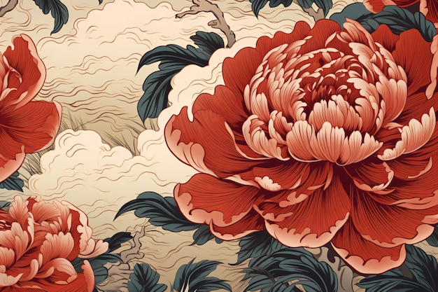 Chinesisches Neujahrsgrußbild mit Pfingstern Pfingstnerblumen blühen Reichtum und nationaler Trend