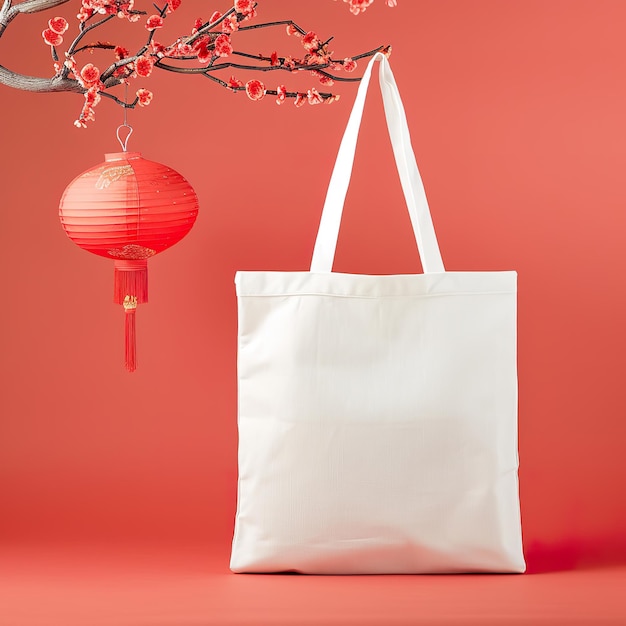 Chinesisches Neujahrsmockup Einfache weiße Tote-Tasche mit roter Laterne