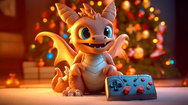 Chinesisches Neujahrsplakat des Drachen 2024 mit Cartoon-3D-Drachen auf dem Weihnachtsbaum