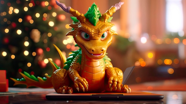 Chinesisches Neujahrsplakat des Drachen 2024 mit Cartoon-3D-Drachen auf dem Weihnachtsbaum