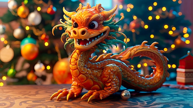 Chinesisches neujahrsplakat des drachen 2024 mit cartoon-3d-drachen auf dem  weihnachtsbaum