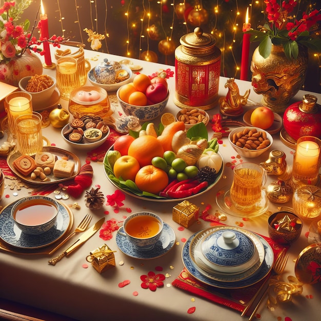 Chinesisches Neujahrstisch mit traditionellen Dekorationen und Speisen mit roten und goldenen Akzenten