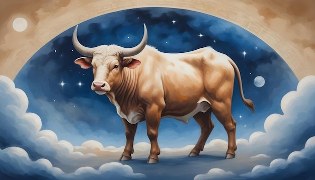 Chinesisches Sternzeichen Ochse ein Gemälde einer Kuh mit himmlischem Hintergrund