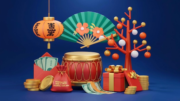 chino elemento 3d cny rollo rojo moneda china linterna bolsa lunar tambor de la suerte ventilador de primavera